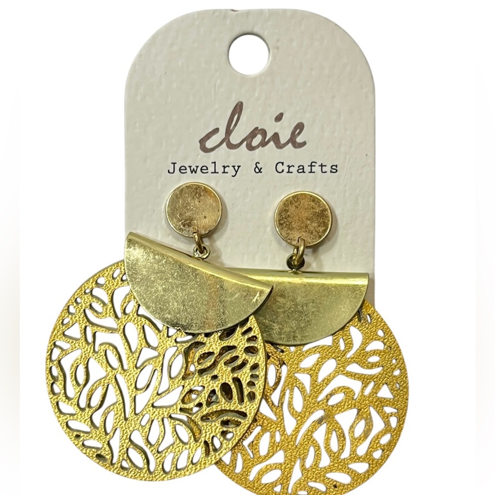 Cloie Gold Tone & Leather Laser Cut Drop Earrings -Statement  Dangle Jewelry New